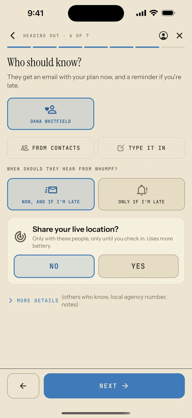 Heading Out step 6: contacts, when they hear from Whumpf, and live location